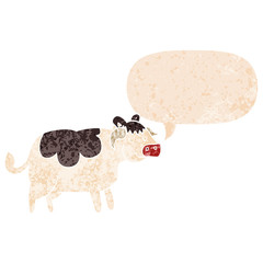cartoon cow and speech bubble in retro textured style