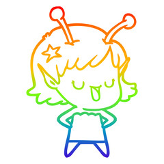 rainbow gradient line drawing happy alien girl cartoon