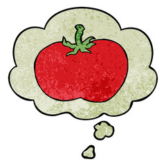 cartoon tomato and thought bubble in grunge texture pattern style