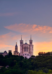 Lyon, France and the Basilica of Notre-Dame de Fourvi&egrave;re at sunset.