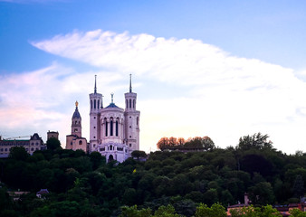 Lyon, France and the Basilica of Notre-Dame de Fourvi&egrave;re at sunset.