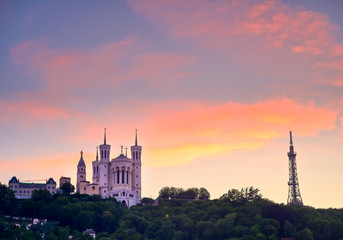 Fototapeta na wymiar Lyon, France and the Basilica of Notre-Dame de Fourvière at sunset.