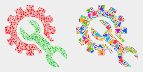 Setup tools collage icon of triangle elements which have different sizes and shapes and colors. Geometric abstract vector illustration of setup tools.