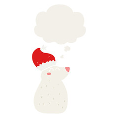 cartoon bear wearing christmas hat and thought bubble in retro style