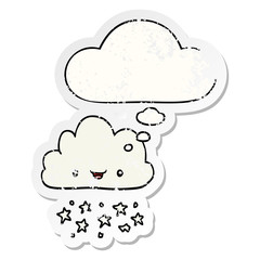cartoon storm cloud and thought bubble as a distressed worn sticker