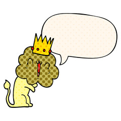cartoon lion and crown and speech bubble in comic book style