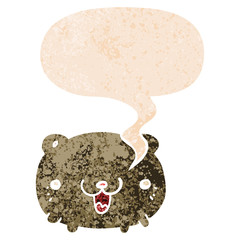 funny cartoon bear and speech bubble in retro textured style