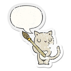 cute cartoon cat and speech bubble distressed sticker