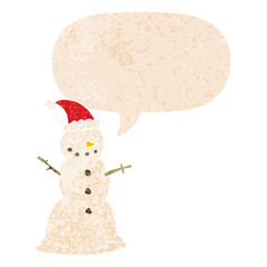 cartoon christmas snowman and speech bubble in retro textured style