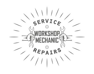 Advertising workshop. Hand with key and text. Black and white illustration.