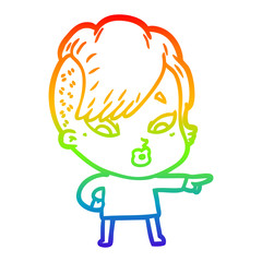 rainbow gradient line drawing cartoon surprised girl pointing
