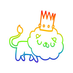 rainbow gradient line drawing cartoon lion with crown