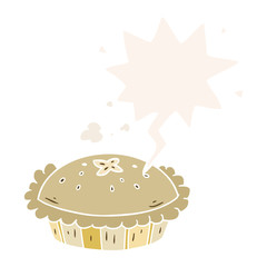 hot cartoon pie fresh out of the oven and speech bubble in retro style