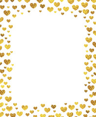 Gold glitter hearts square frame on white background.