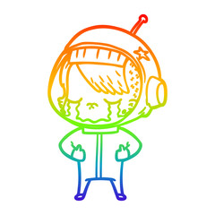 rainbow gradient line drawing cartoon crying astronaut girl