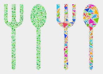 Spoon and fork mosaic icon of triangle items which have variable sizes and shapes and colors. Geometric abstract vector illustration of spoon and fork.
