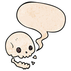 cartoon spooky skull and speech bubble in retro texture style
