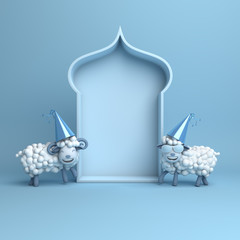 Cartoon sheep, arabic window on blue pastel background copy space text. Design creative concept for islamic celebration day ramadan kareem or eid al fitr adha. 3d rendering illustration.