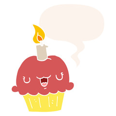 cartoon cupcake and speech bubble in retro style