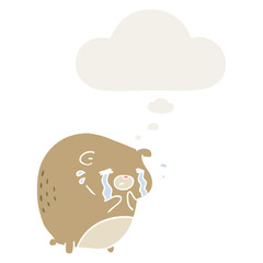 cartoon crying bear and thought bubble in retro style
