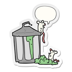 cartoon old metal garbage can and mice and speech bubble sticker