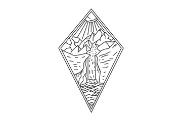 Beautiful vector illustration with nature landscape - mountains, sunbeams sun and river. Tattoo art. Infinite space, symbols of meditation, travel, tourism.