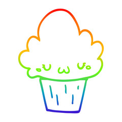 rainbow gradient line drawing cartoon cupcake with face