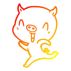 warm gradient line drawing happy cartoon pig running