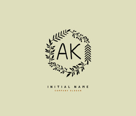 A K AK Beauty vector initial logo, handwriting logo of initial signature, wedding, fashion, jewerly, boutique, floral and botanical with creative template for any company or business.