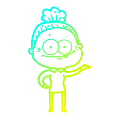 cold gradient line drawing cartoon happy old woman