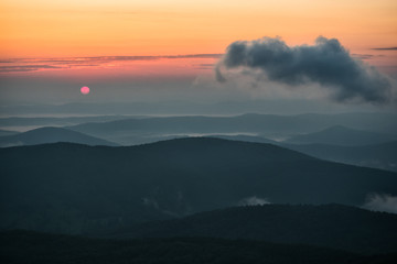 A beautiful sunrise in the mountains. A delightful summer landscape. Polonina Carynska. Bieszczady National Park. Poland.