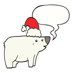 cartoon bear wearing christmas hat and speech bubble