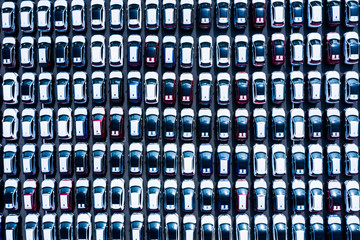 New ready to export cars in a parking lot from above