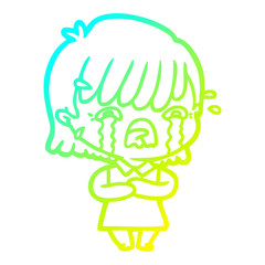 cold gradient line drawing cartoon girl crying