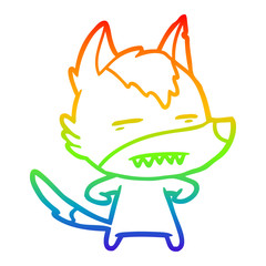 rainbow gradient line drawing cartoon wolf showing teeth