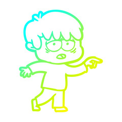 cold gradient line drawing cartoon exhausted boy