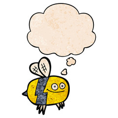 cartoon bee and thought bubble in grunge texture pattern style
