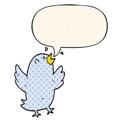 cartoon bird singing and speech bubble in comic book style