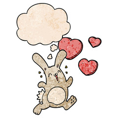 cartoon rabbit in love and thought bubble in grunge texture pattern style