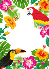 Obraz na płótnie Canvas Tropical birds and plants frame - Copy space, White background, Vertical