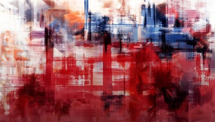 Colorful abstract dirty art painting. Bright artwork with blue and red accents on canvas made with long paint strokes