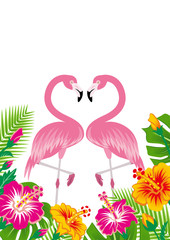 Obraz premium Two flamingos and tropical plants - Copy space, White background
