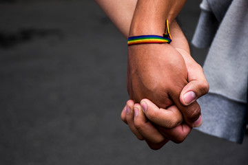 Una pareja de hombres homosexuales con las manos entrelazadas y caminando juntos