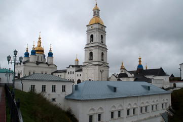 Fototapeta na wymiar Tobolsk Russia, view of Kremlin complex with St Sophia Assumption Cathedral on a stormy day