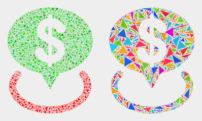 Dollar placement collage icon of triangle elements which have different sizes and shapes and colors. Geometric abstract vector illustration of dollar placement.