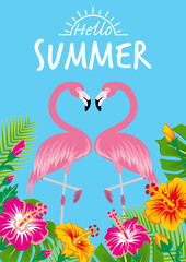 Obraz premium Two flamingos and tropical plants - Included words 