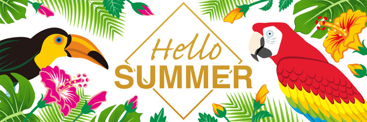 Tropical birds and plants frame - Included words "Hello SUMMER”, Banner ratio, White background © sayuri_k