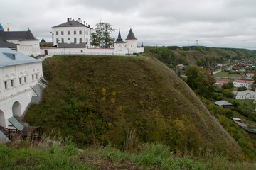 Fototapeta na wymiar Tobolsk Russia, view along escarpment with Kremlin walls and lower town