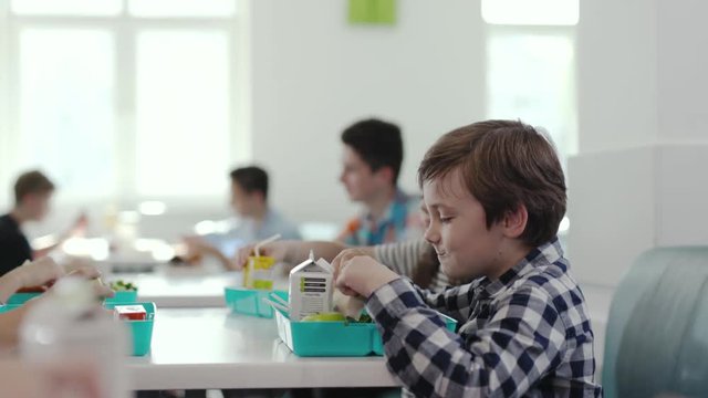 Cute little pupils having a tasty lunch between lessons at a a school. Portrait of a hungry sweet boy eating his snacks with taste sitting with classmates.