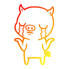 warm gradient line drawing cartoon pig crying